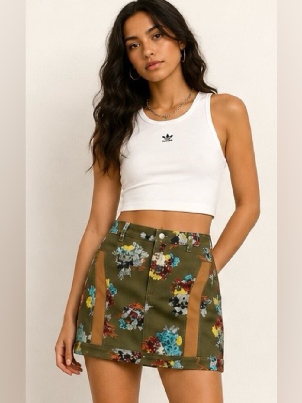 NWOT Adidas x Ivy‎ Park Crystal Floral Mini Skirt Dark Khaki Festival Streetwear